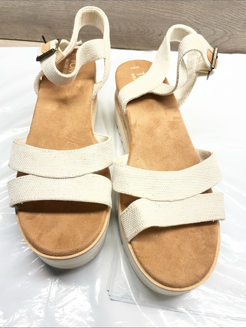 Toms Cream Canvas Strappy Platform Sandals
